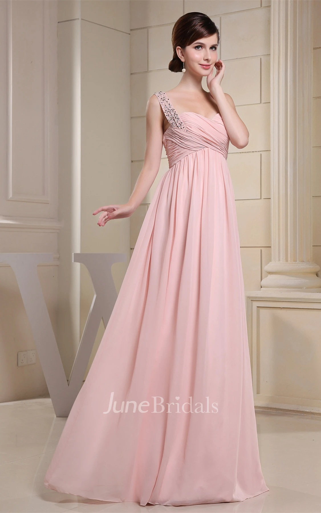 Strapped Chiffon Empire Dress with Pleats and Crystal Detailing