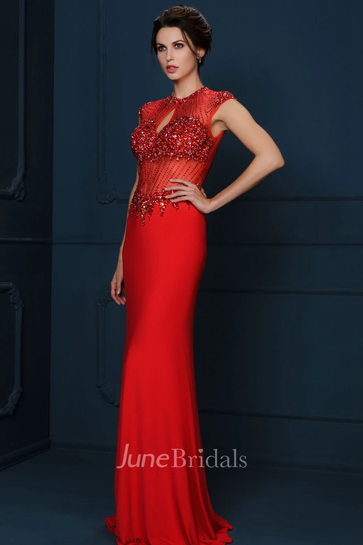Sheath Floor-Length Crystal Cap-Sleeve Jewel-Neck Jersey Evening Dress