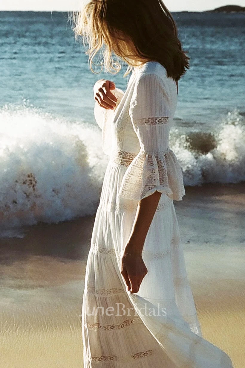 Casual Lace V-neck Low-V Back Bridal Gown with Pleats