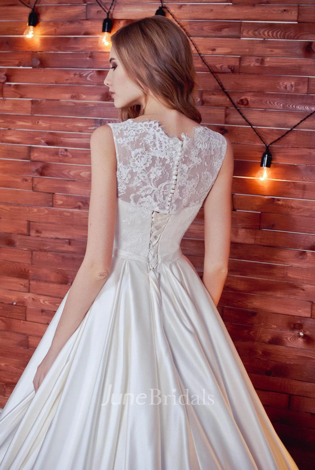 Bateau Sleeveless A-Line Satin Lace Wedding Dress With Corset Back