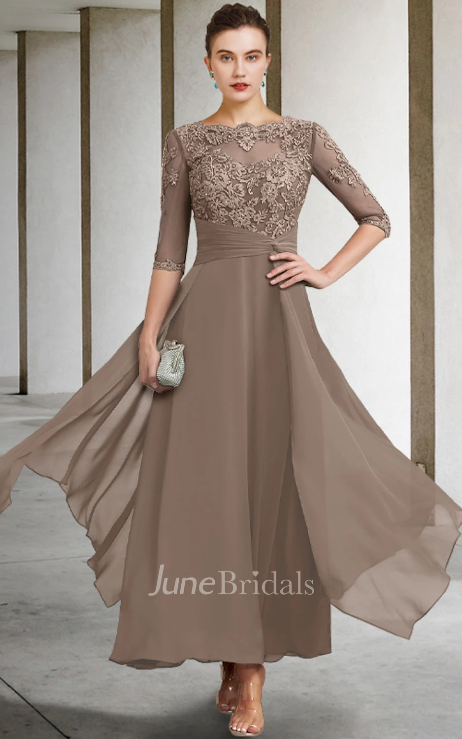 A Line Lace Chiffon Half Sleeve Mother of the Bride Dress Bateau Ankle length Modest Bohemian Elegant June Bridals