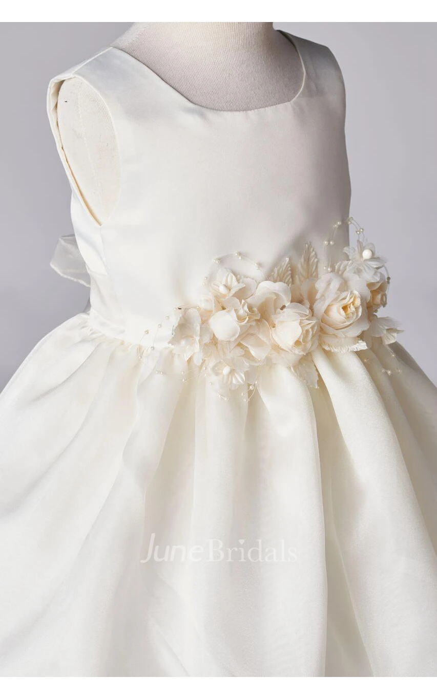Flower Girl Dress Ivory Satin Organza Layered Skirt With Flowers Waist