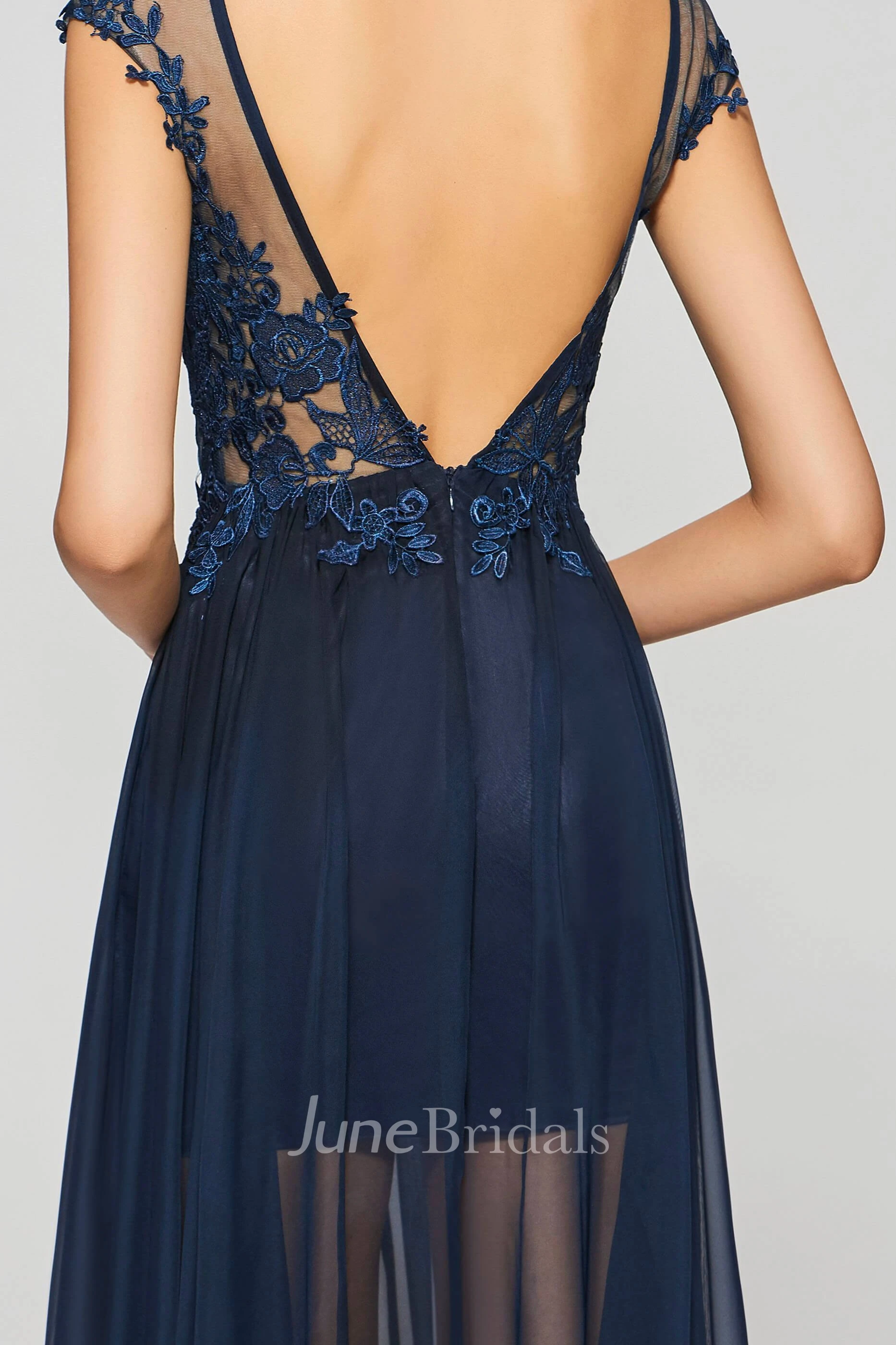 Split Front A-line Sexy Bateau Chiffon Gown With Lace Appliques And Deep V-back