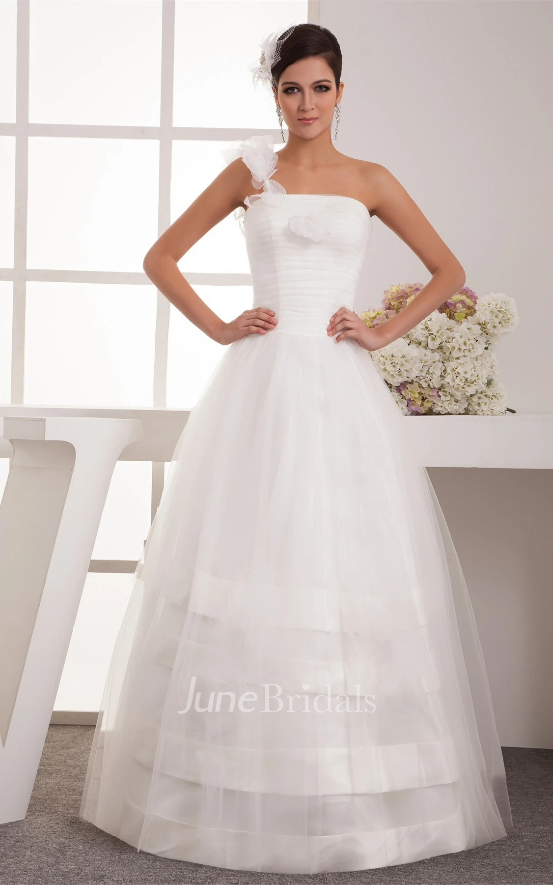One-Shoulder Tulle A-Line Dress with Ruching and Single Strap