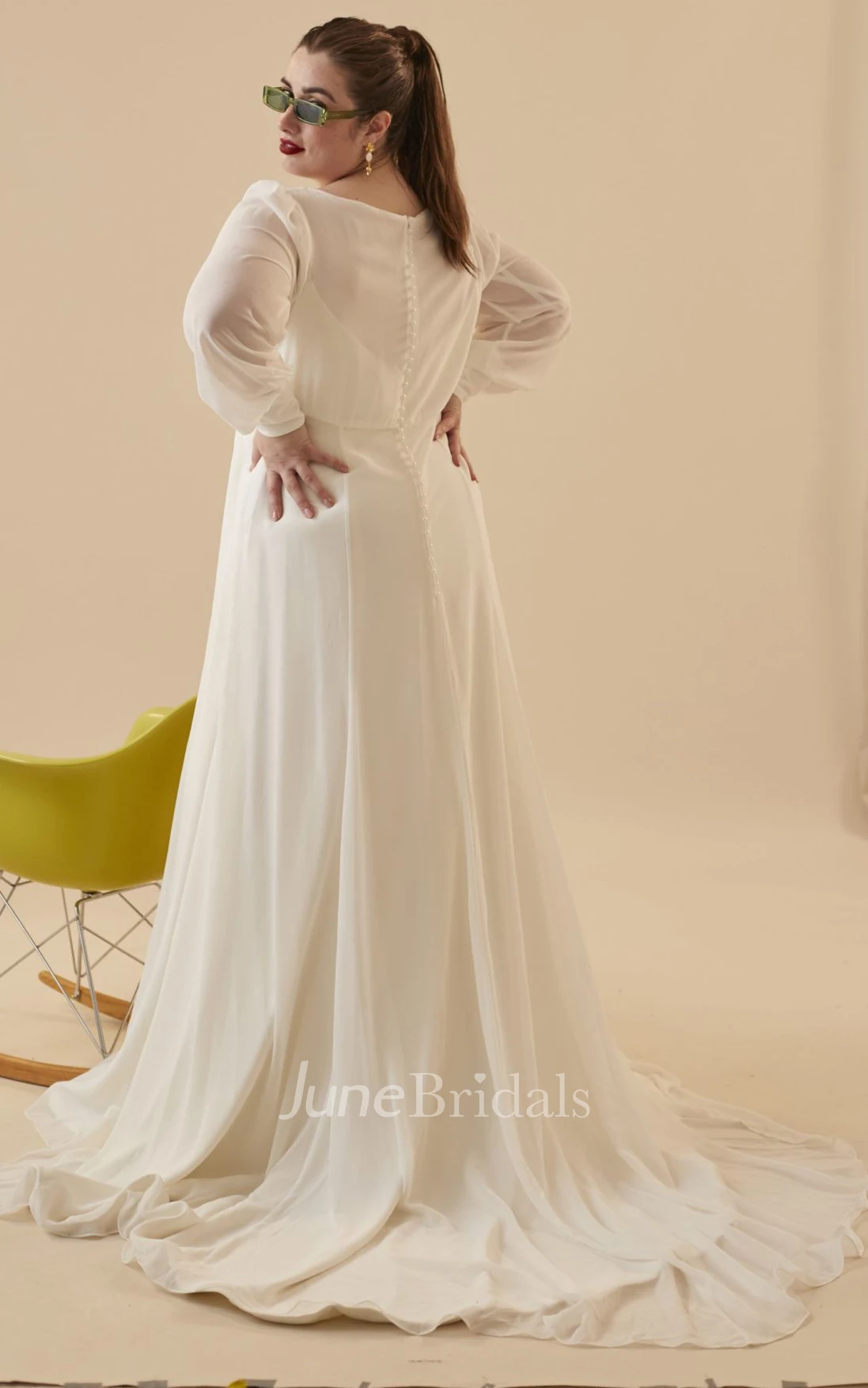 Romantic A Line Brush Train Long Sleeve Bateau Chiffon Wedding Dress