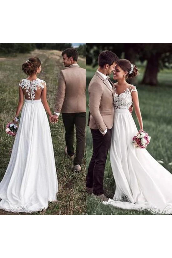 Lovely Simple Beach Lace Appliqued Cap Sleeves Chiffon Winter Wedding Dress