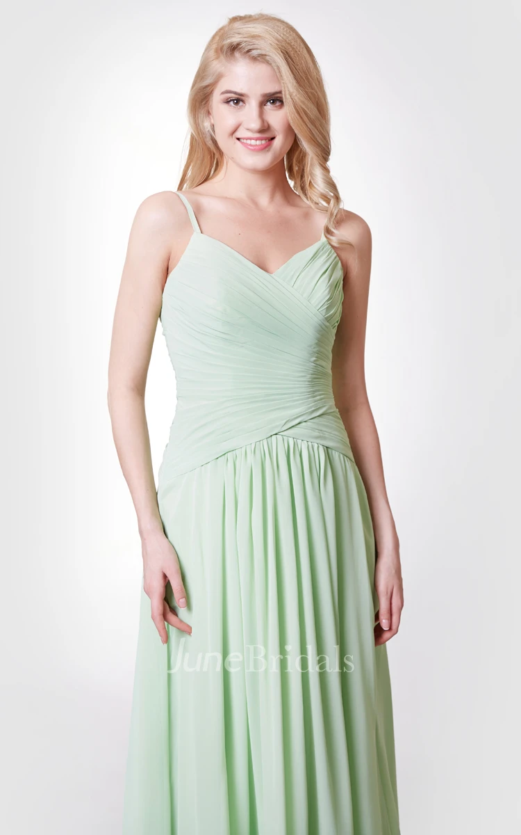 V-neck Chiffon A-line Gown Has Crisscross Ruched Bodice