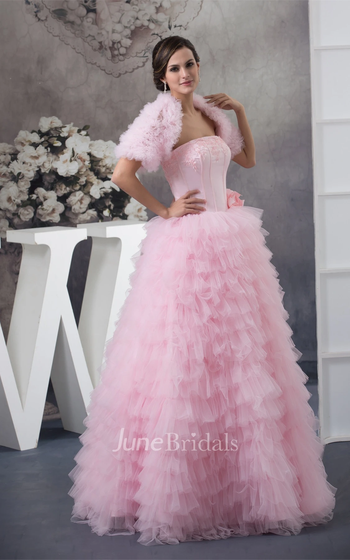 Strapless Ruffled Ball Gown with Appliques and Bolero