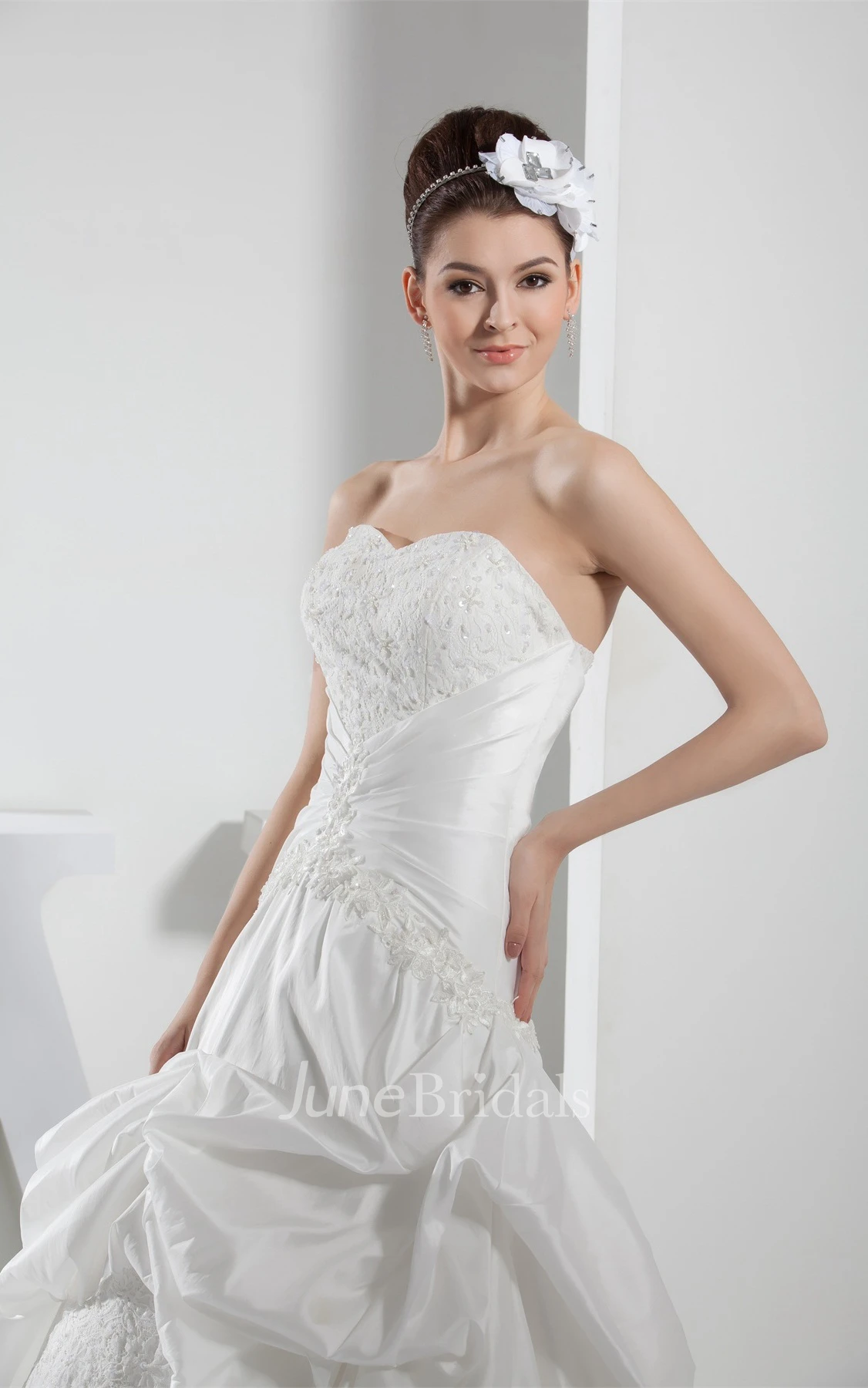 Sweetheart Pick-Up Appliqued Ball Gown with Ruching and Court Train
