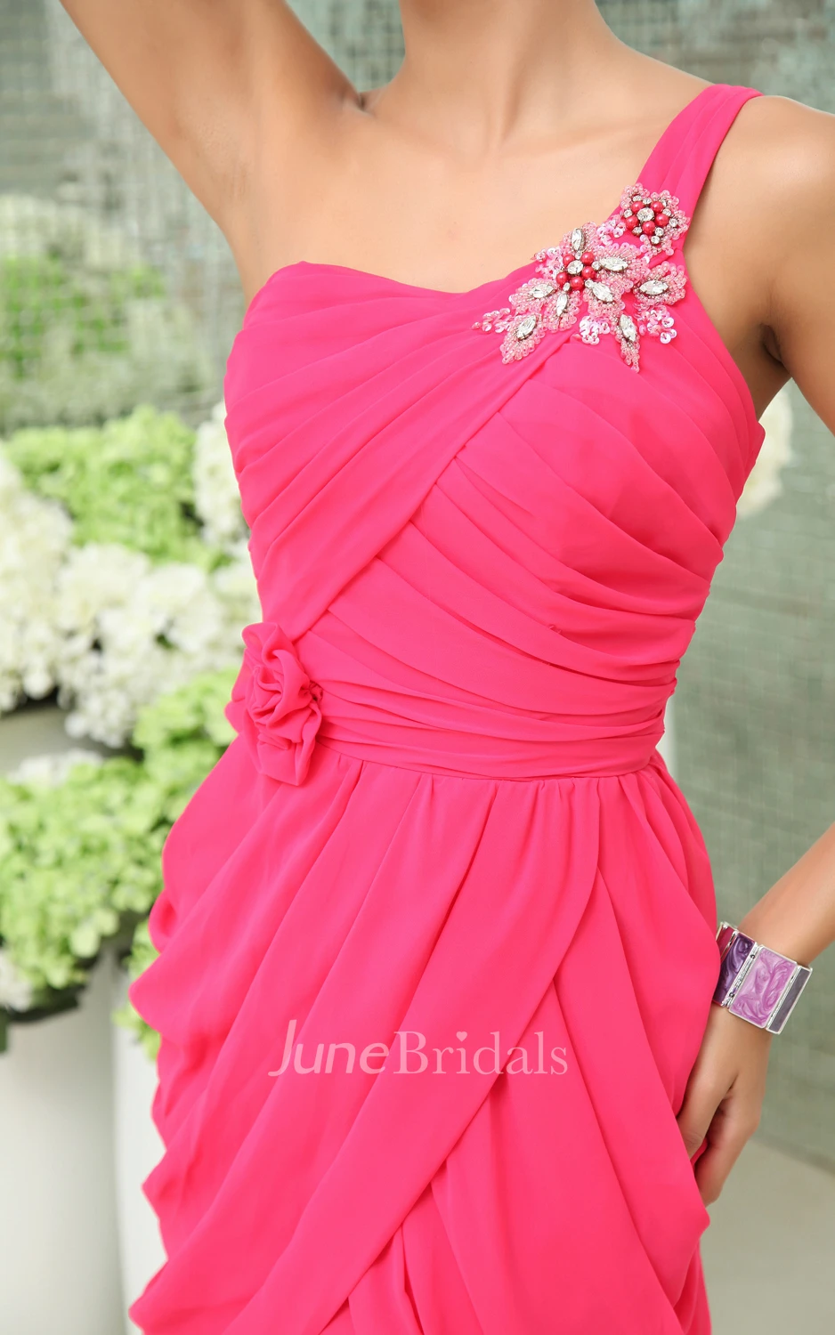 Noble Asymmetrical One-Shoulder Graceful Column Dress With Floral Waist