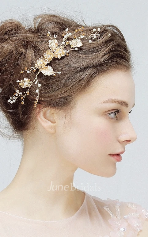 Aesthetic Delicate Gold Flower Rhinestone Crystal Pearl Manual Hair Comb