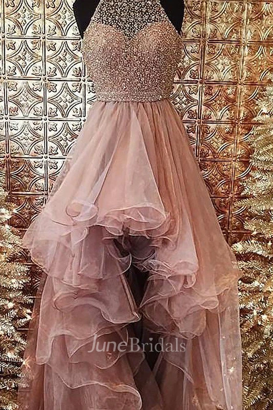 Halter Sleeveless Beading Asymmetrical Organza Dress Online