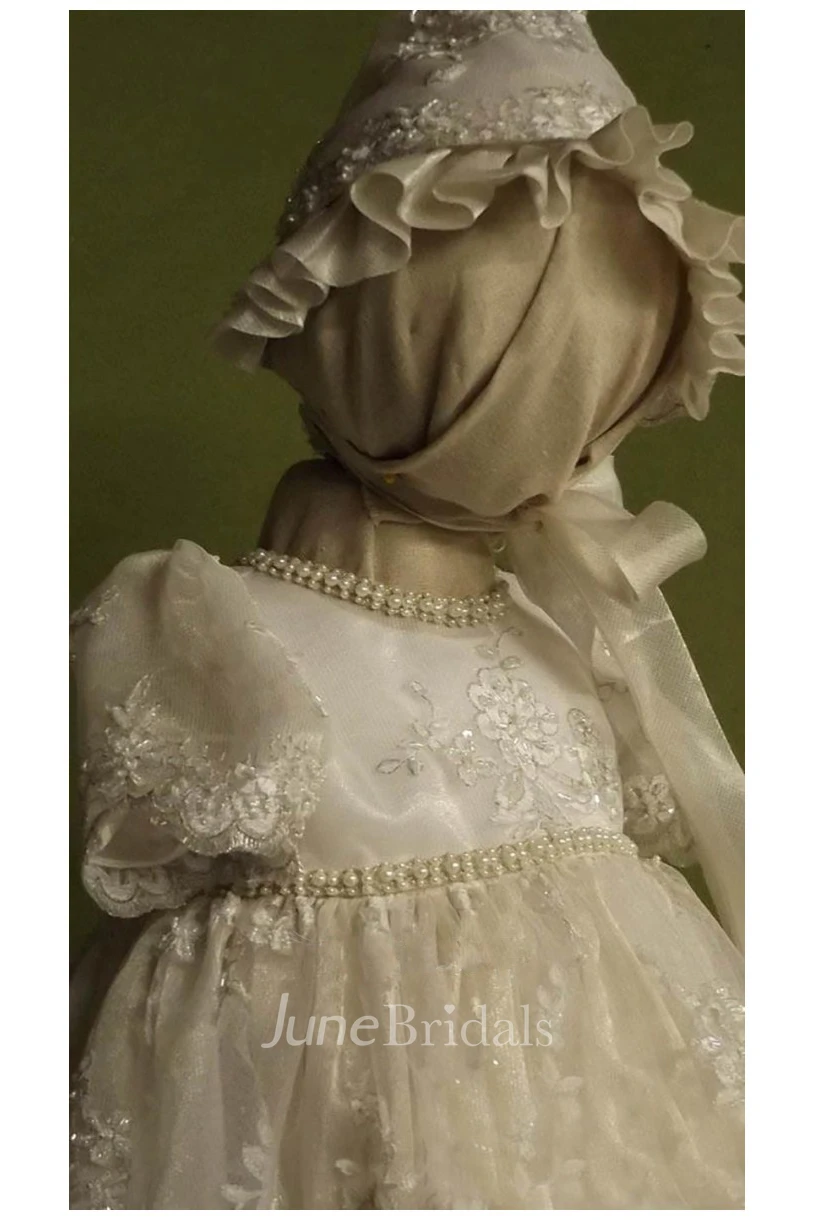 Adorable Christening Gown With Pearls And Lace Appliques