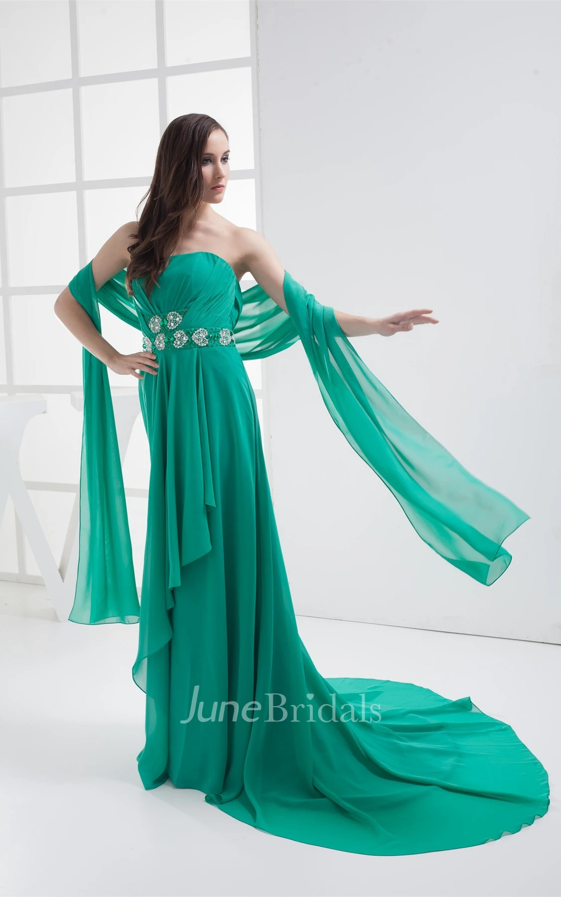 Side Draping Strapless Ruched Gown with Beaded Sash Detachable Cap Sleeve