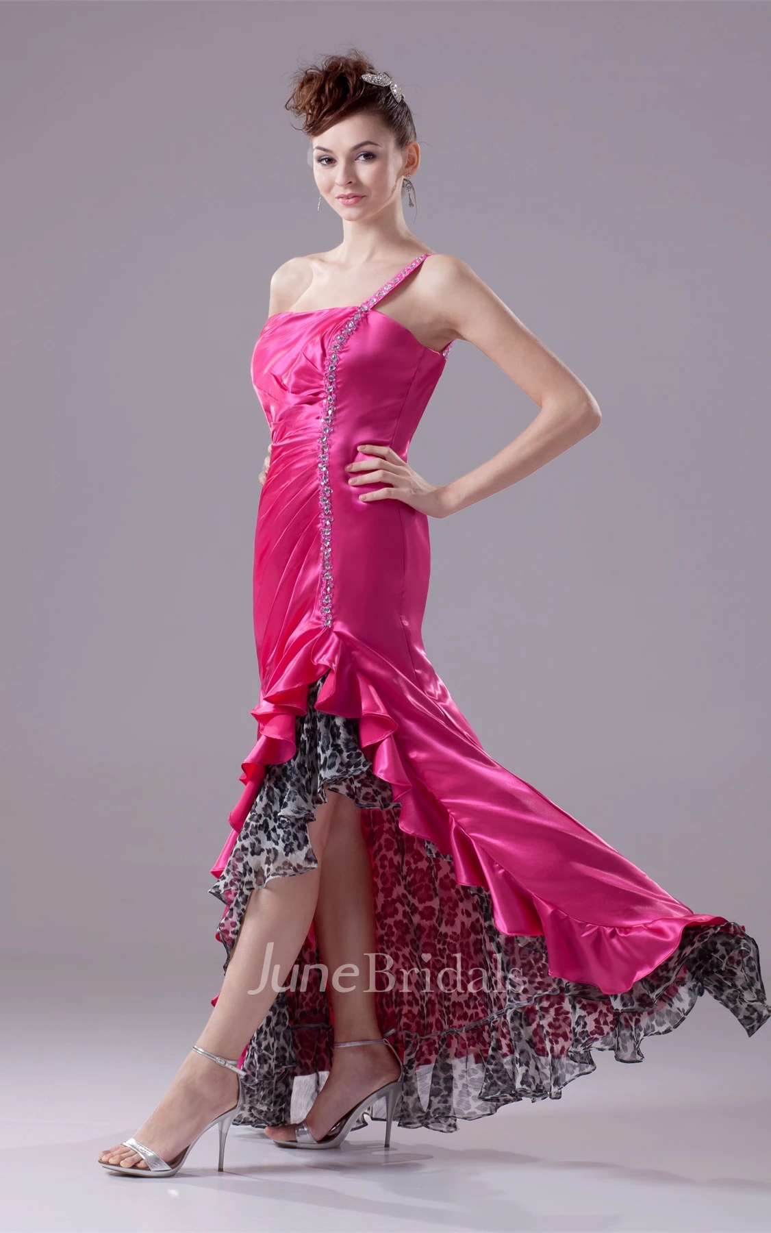One-Shoulder Ruched Satin Front-Split Dress with Beading and Leopard Print