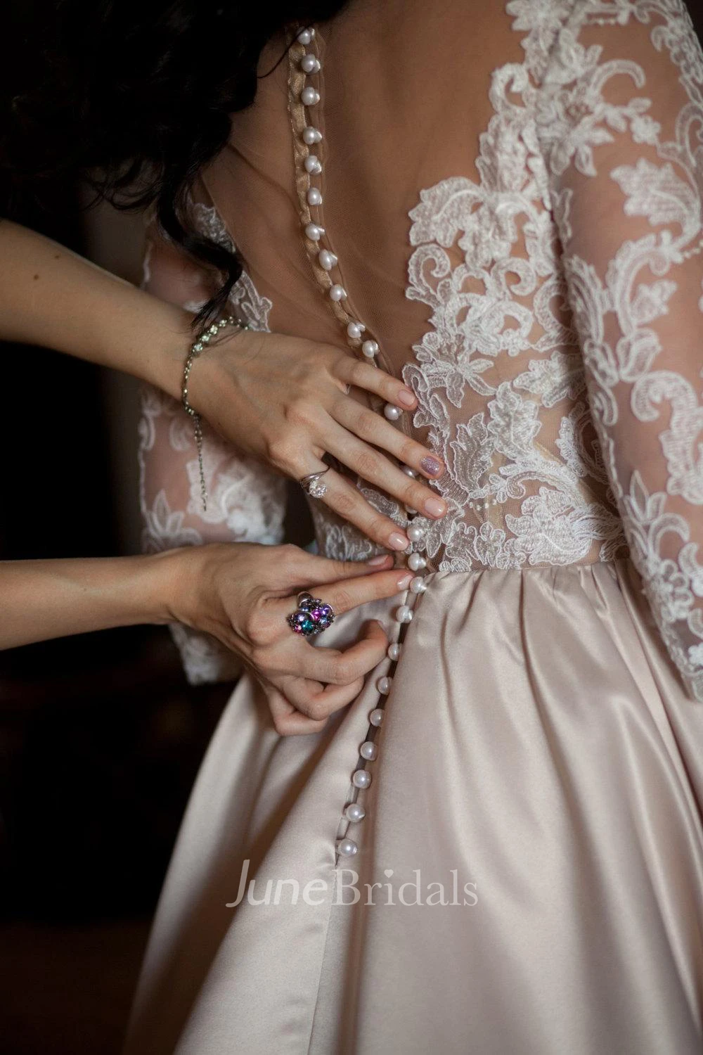 V-Neck Illusion Long Sleeve A-Line Satin Appliqued Plus Size Wedding Dress