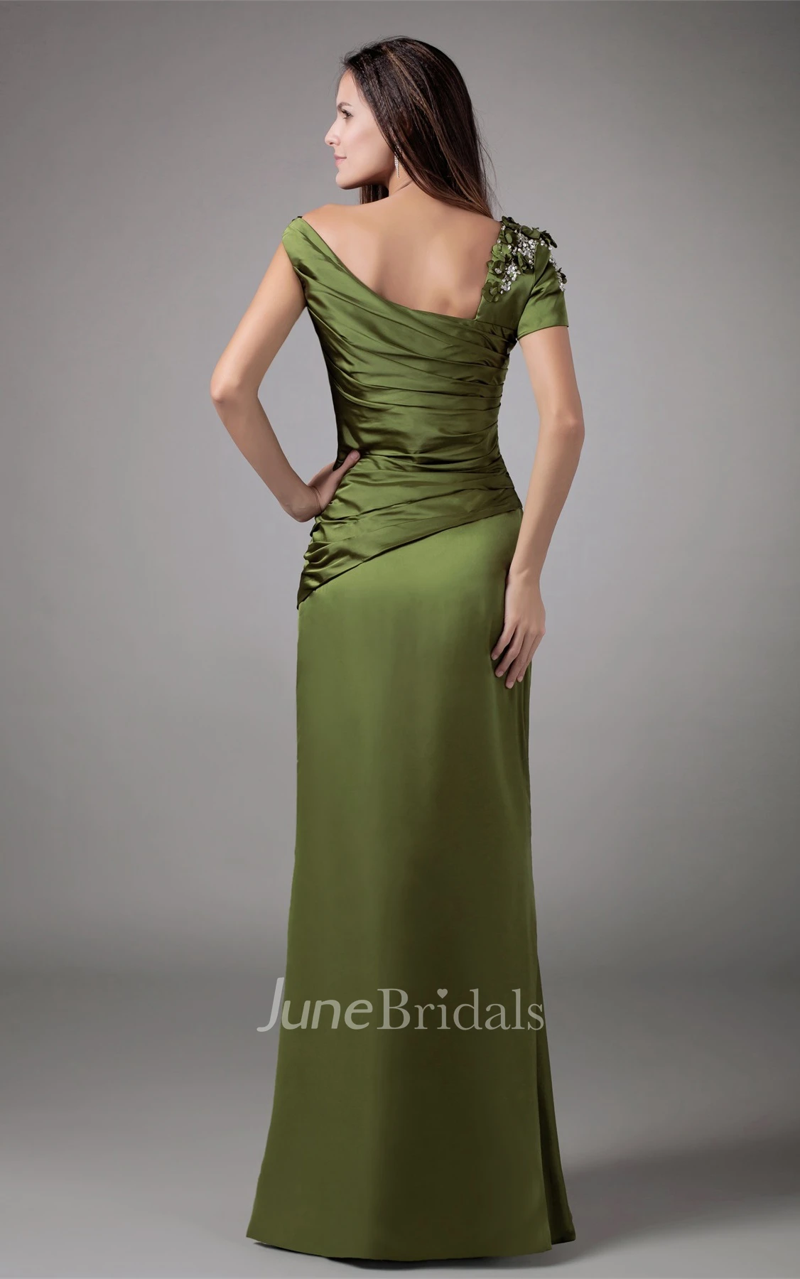 Asymmetrical Taffeta Mermaid Gown with Ruching and Rhinestone