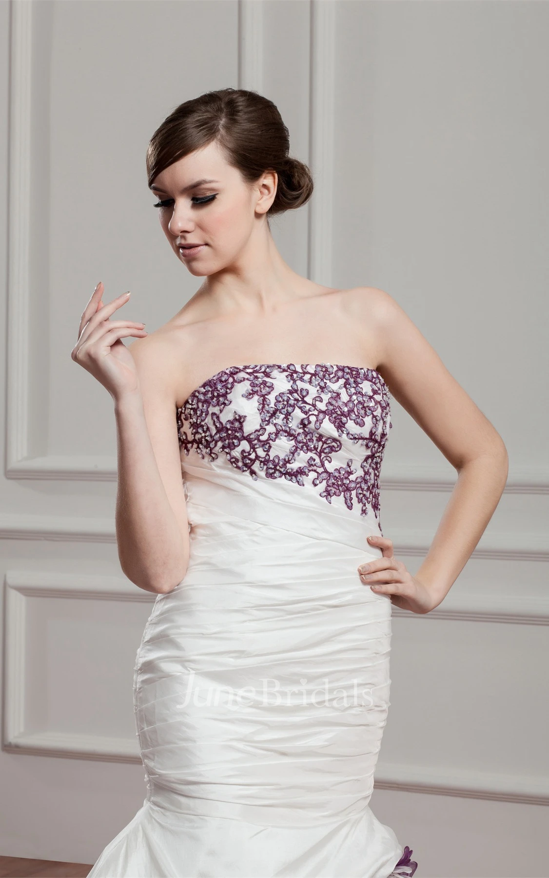 Strapless Mermaid Pick-Up Gown with Appliques and Ruching