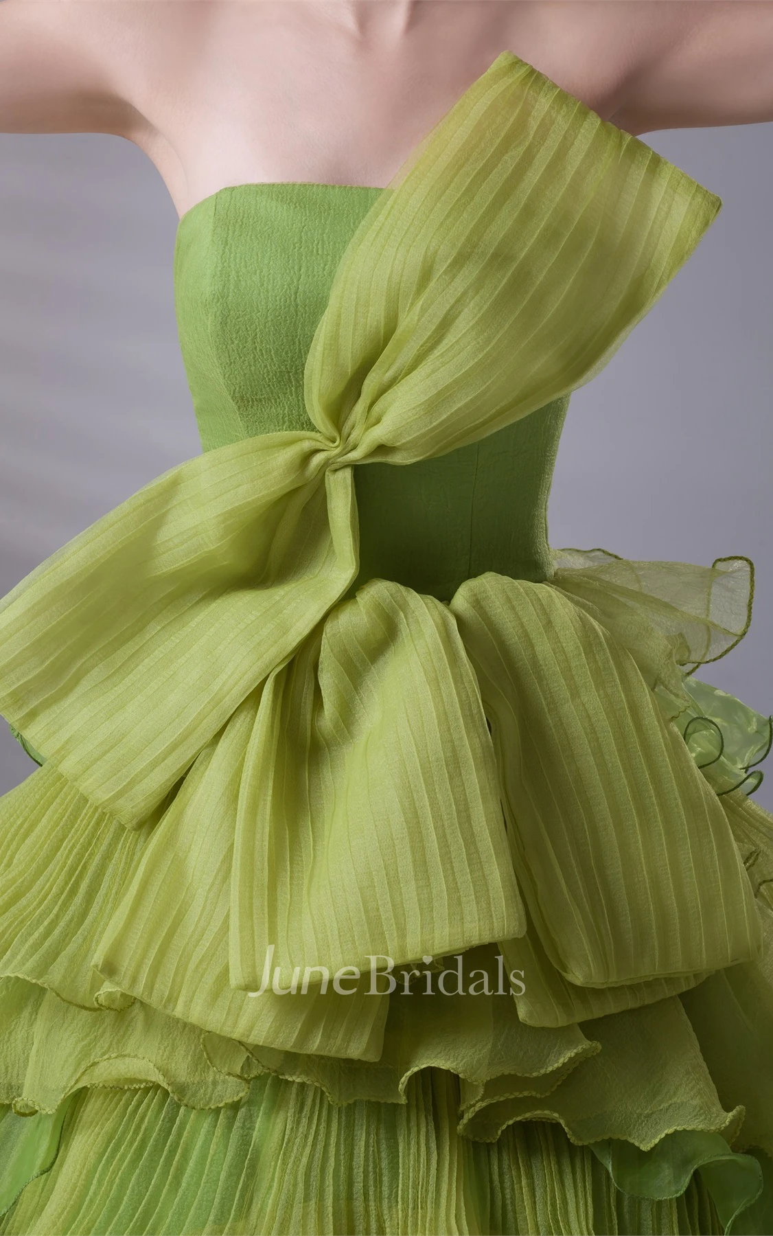 Strapless Tiered A-Line Ball Gown with Ruffles and Bow