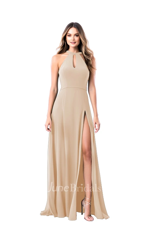 Ethereal A-Line Halter Chiffon Bridesmaid Dress with Split Front