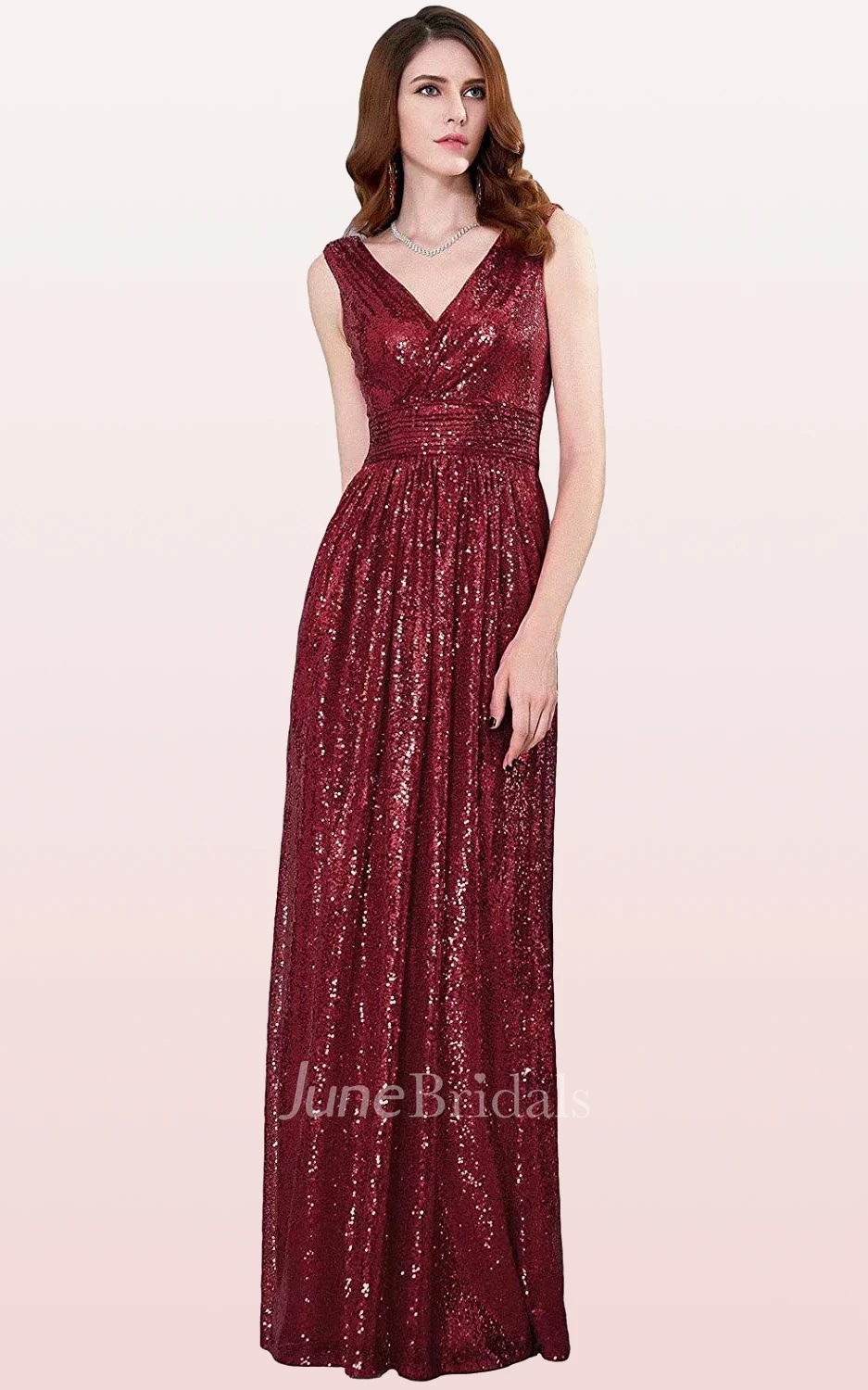 Luxury A Line V-neck Sequins Sleeveless Bridesmaid Dress