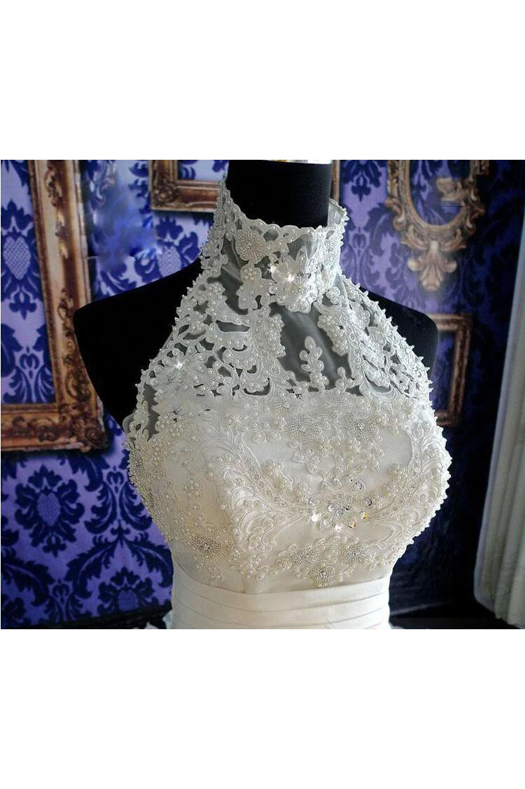 Gorgeous Ruffles Lace High Neck Wedding Dress Court Train Zipper
