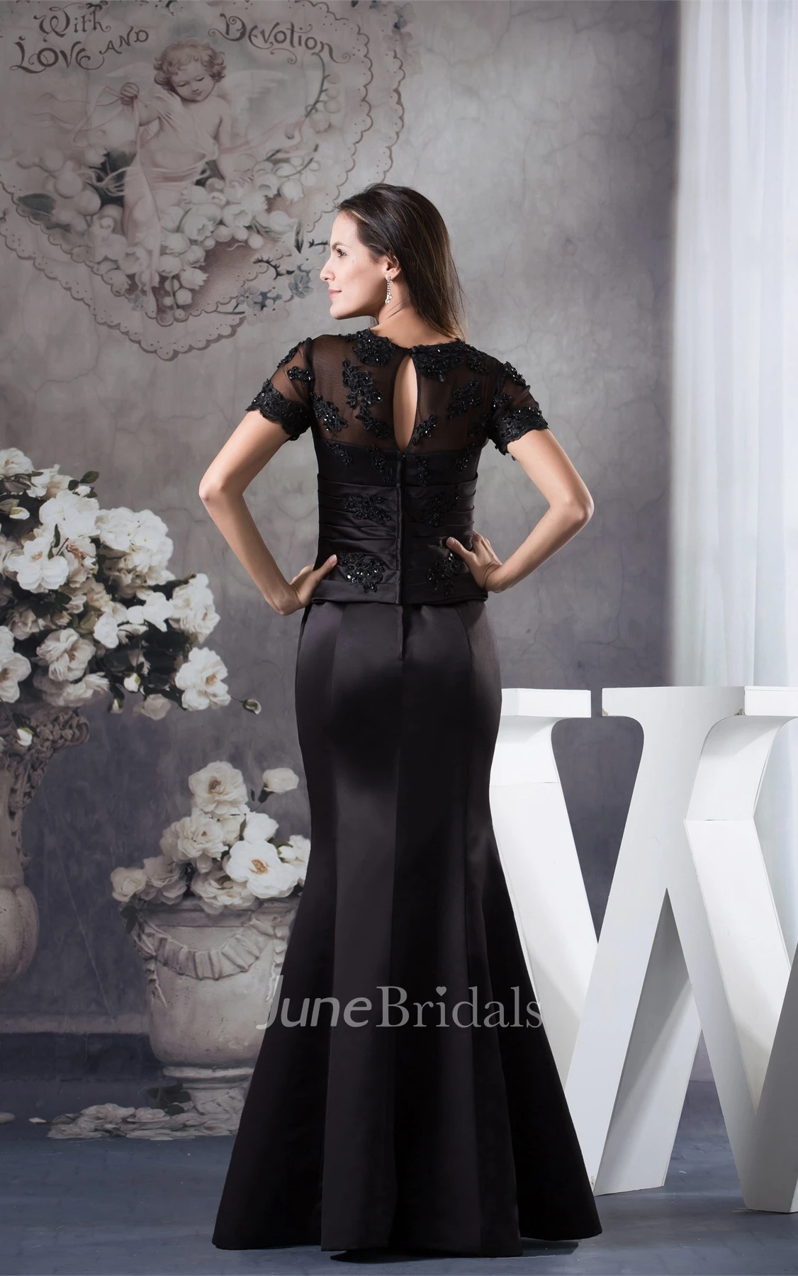 V-Neck Short-Sleeve Mermaid Satin Dress with Appliques and Illusion