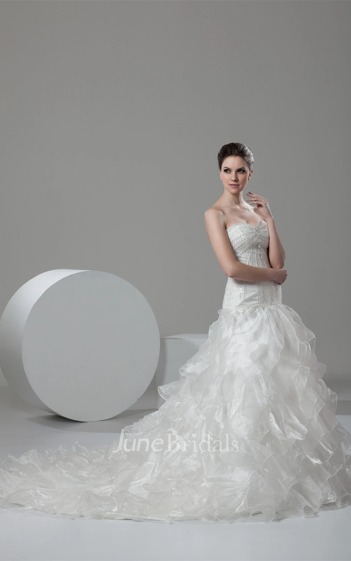 Strapless Beaded A-Line Gown with Ruffles and Chapel Train