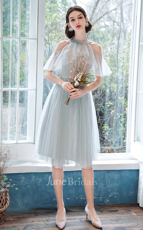 Casual Tulle Bateau Halter Off-the-shoulder A Line Cocktail Homecoming Dress With Appliques