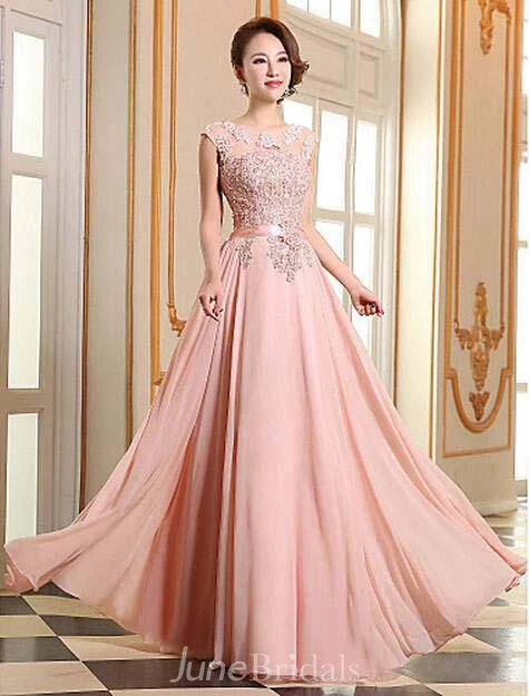 Sexy A-line Jewel Chiffon Prom Dress Lace Appliques