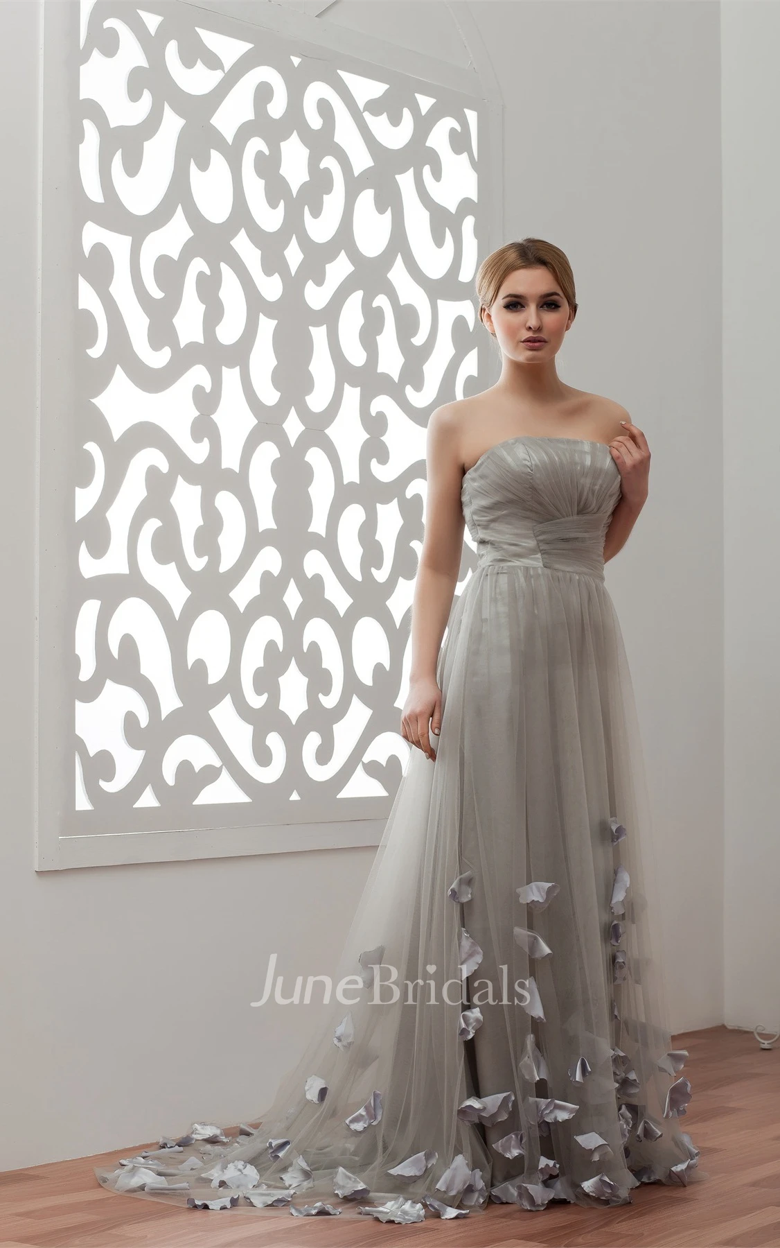 Strapless Tulle Floor-Length Gown with Flower and Pleats