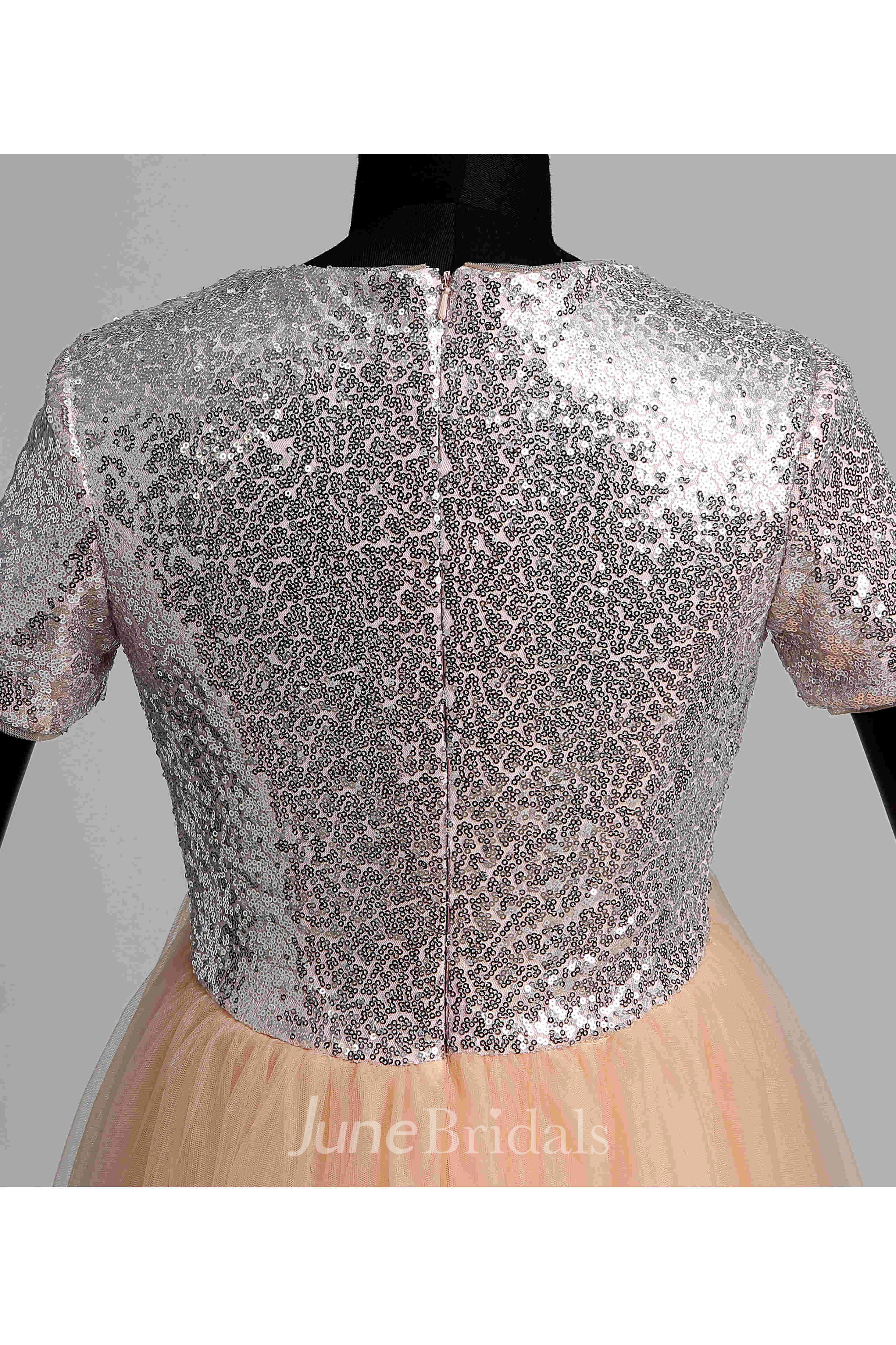 V-neck Short Sleeve Sequined Bodice Dress