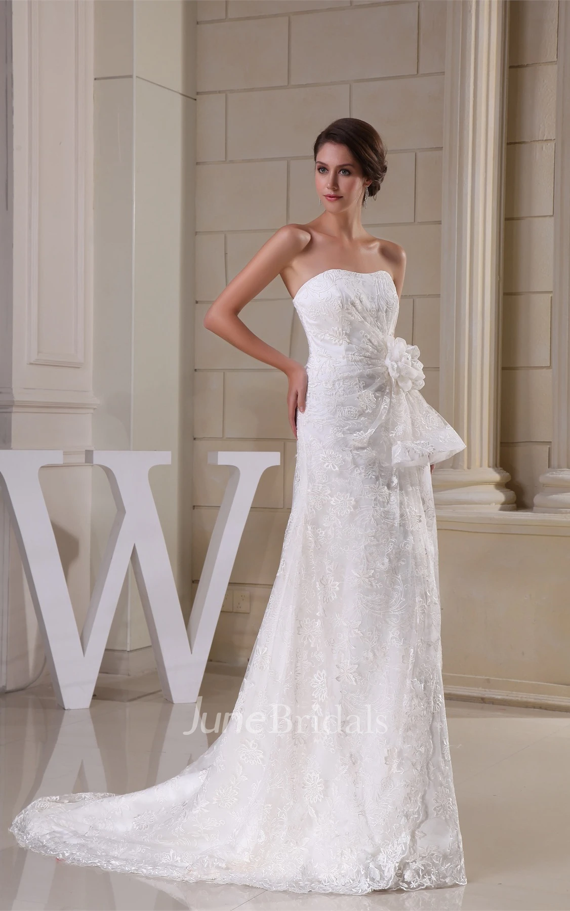 Strapless Lace Sheath Dress with Ruching and Flower