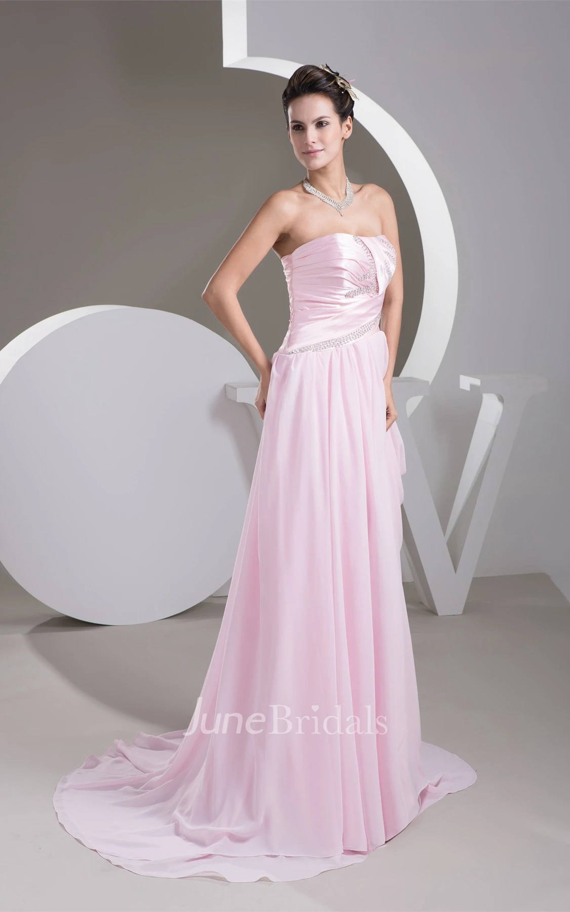 Blushing Chiffon A-Line Floor-Length Dress with Beading and Pleats