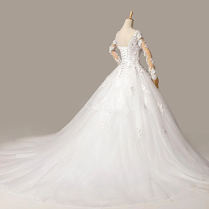 Gorgeous Long Sleeve Appliques Tulle Wedding Dresses Ball Gown Lace-up