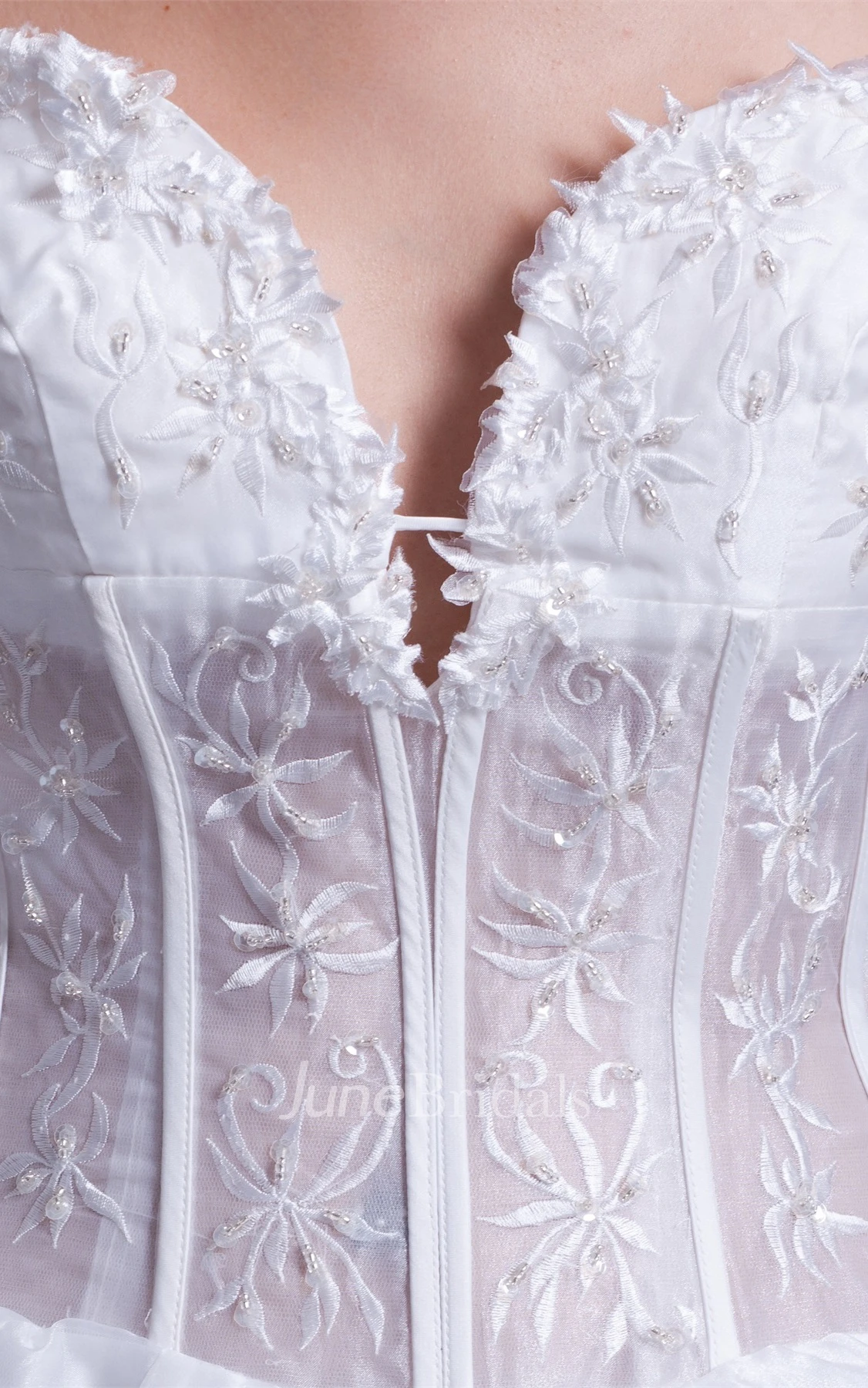 plunged ruffled ball strapless gown with embroideries