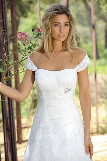A-Line Cap Sleeve Strapless Ruched Lace Wedding Dress