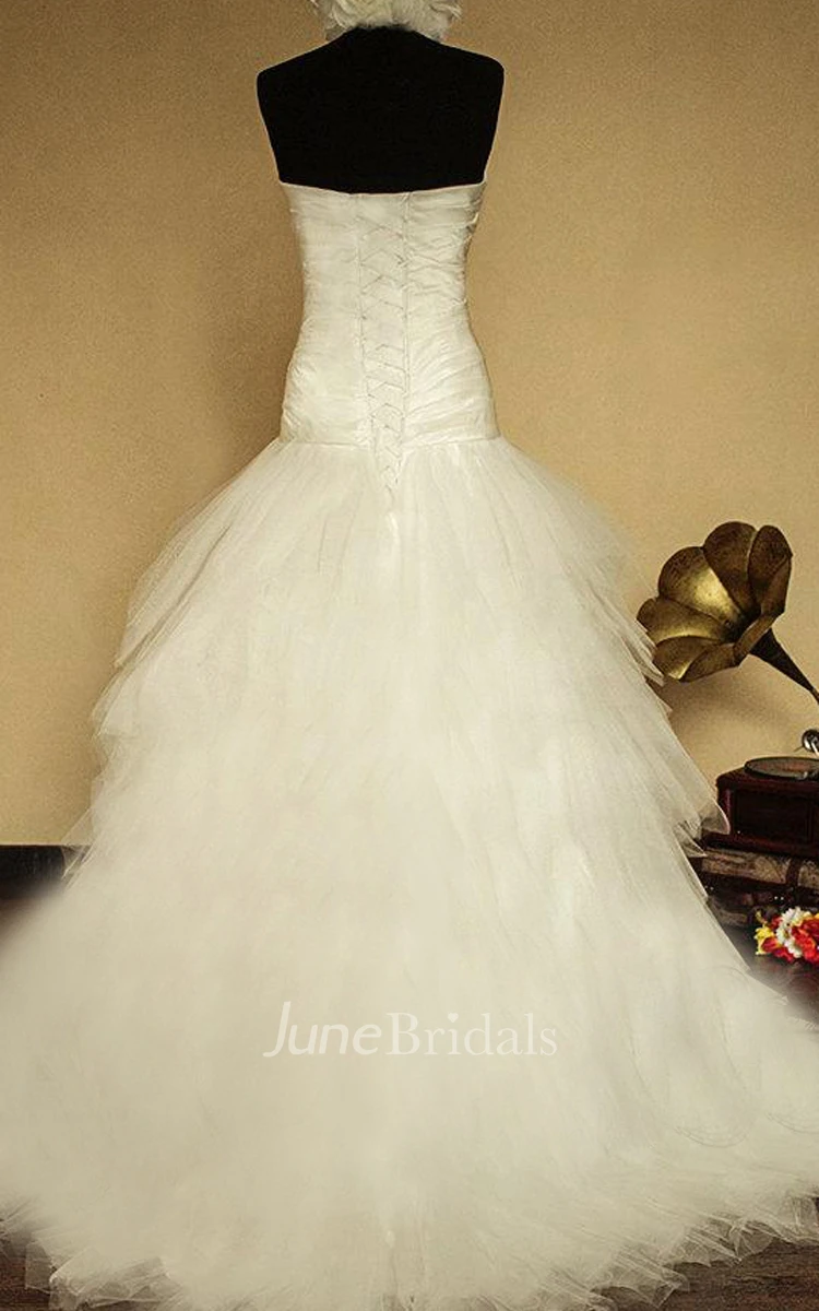 Sweetheart Lace-Up Back Tulle Wedding Dress With Criss Cross And Flower