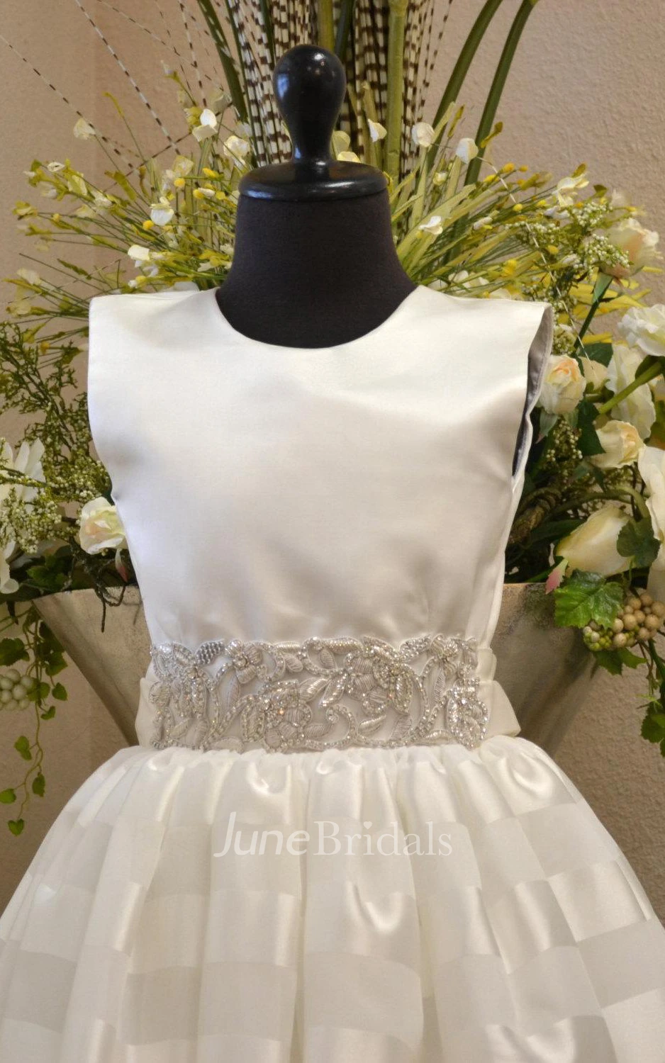  Beaded Belt Organza Dress With Satin Bodice