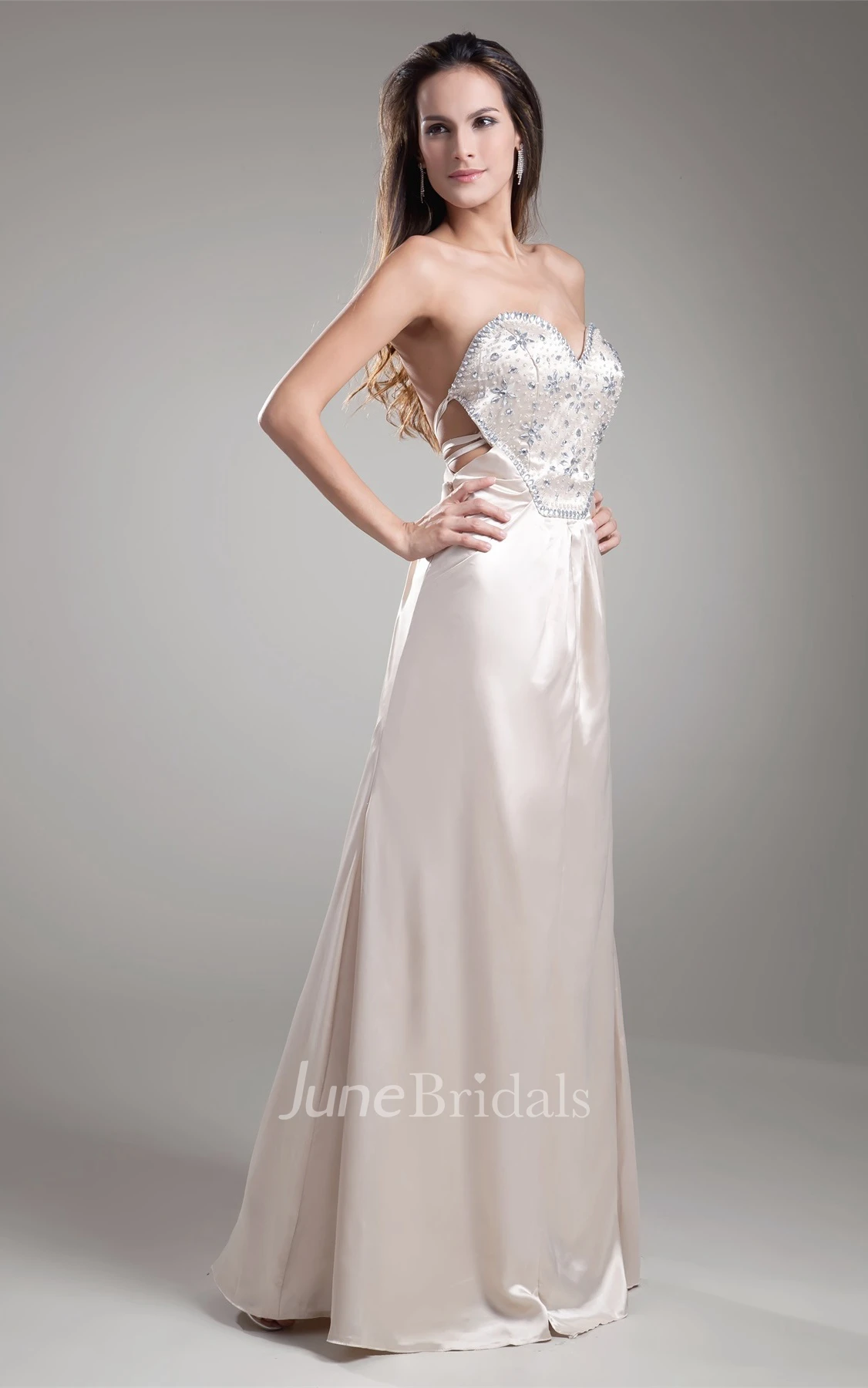 sweetheart a-line floor-length satin dress with jeweled waist