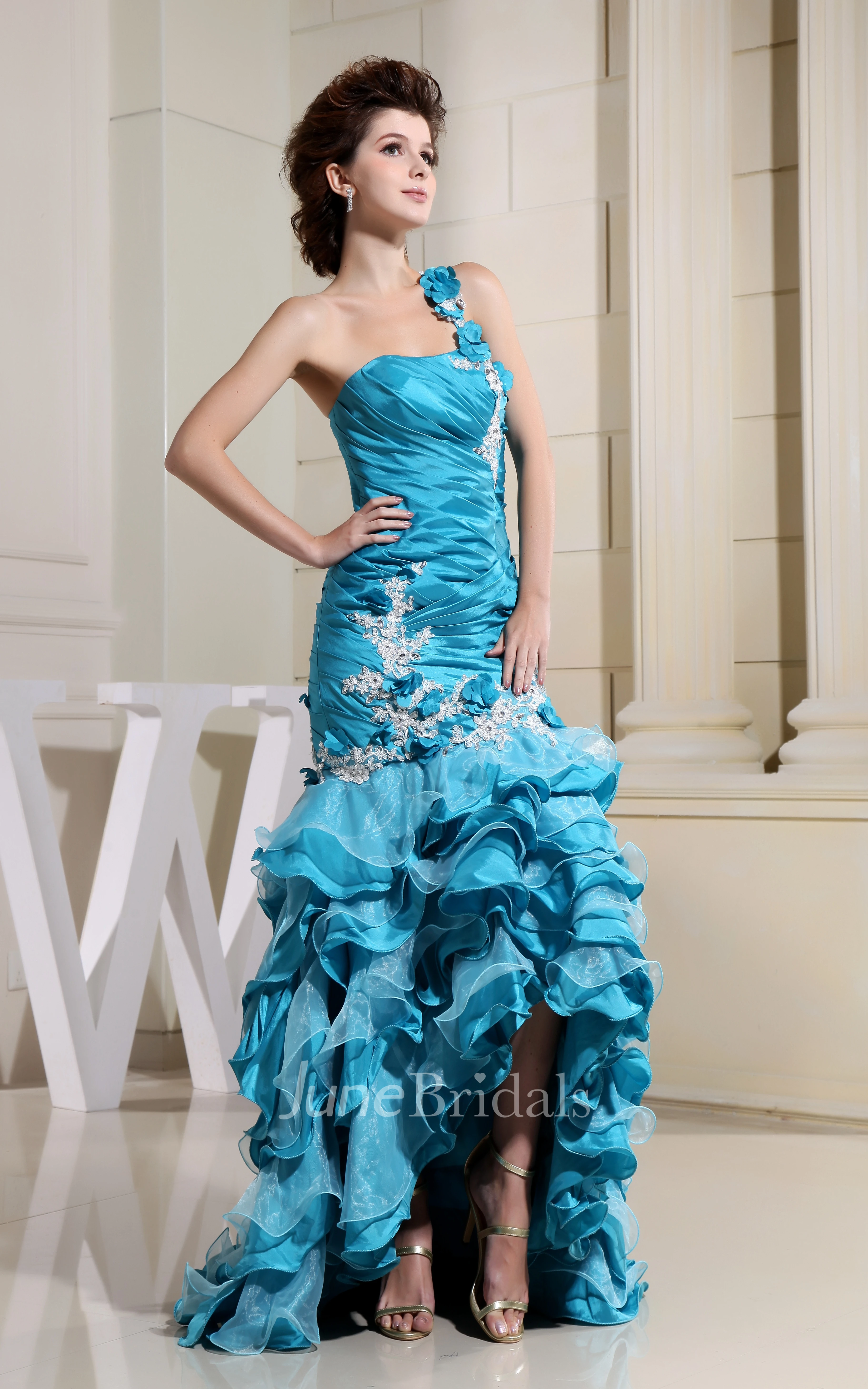 Delicate Satin High-Low Dress With Pick-Up Ruffles and Appliques