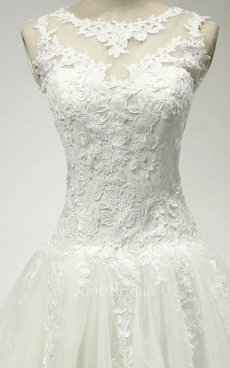 A-Line Tulle Bridal Gown With Lace Bodice and Dropped Waist