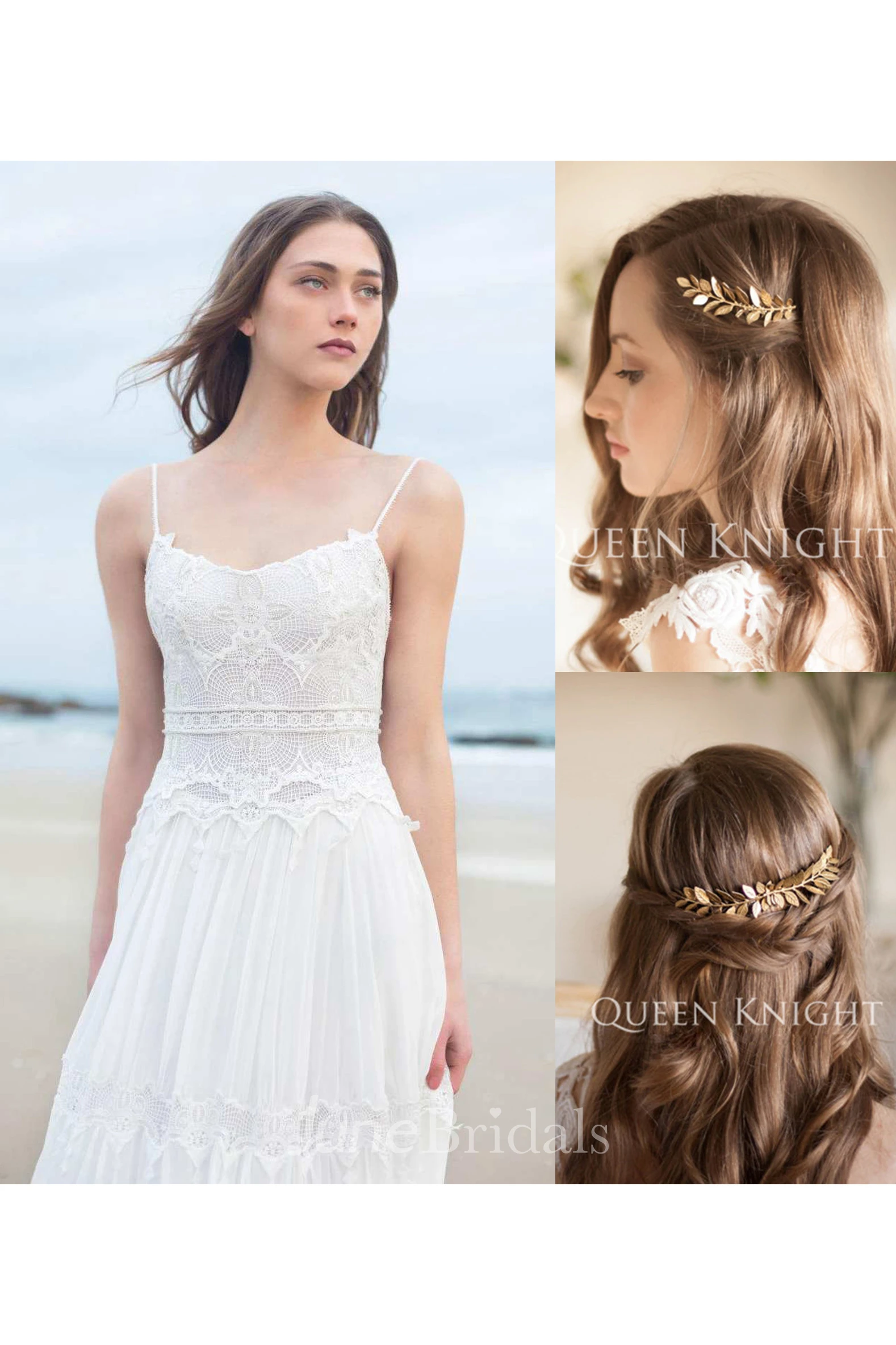 Spaghetti Sleeveless Chiffon Beach Boho Wedding Dress and Vintage Western Style Style Golden Olive Leaf Hair Comb