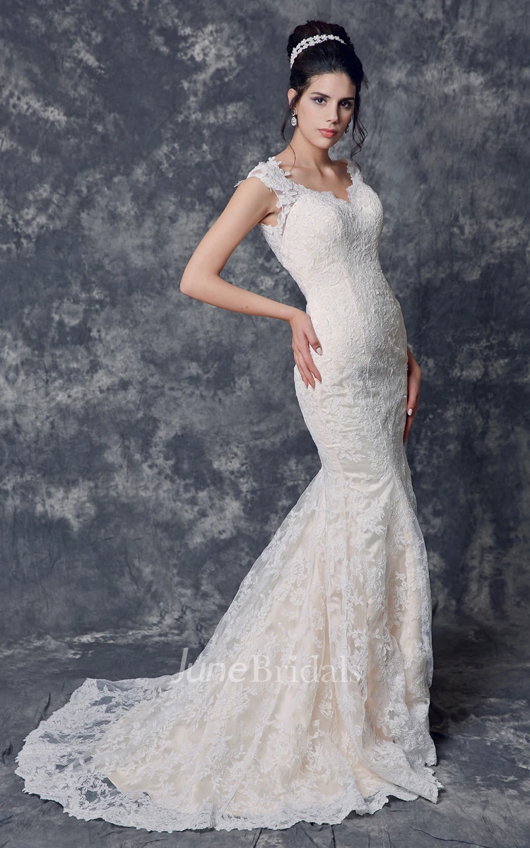 Cap Sleeve Mermaid Long Lace Wedding Dress with Illusion Back