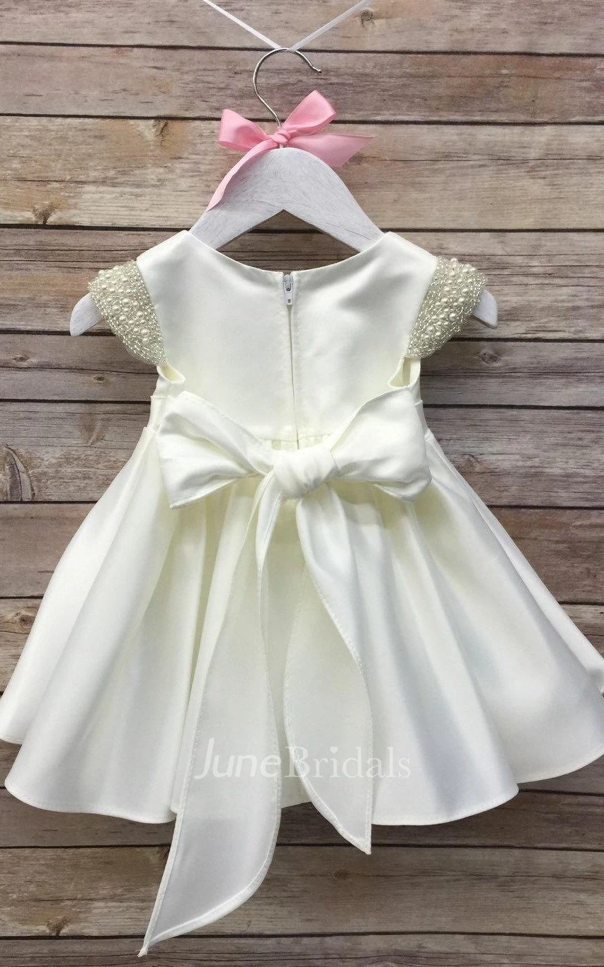 Beautiful Pearl Cap Sleeve Scoop Satin Dress