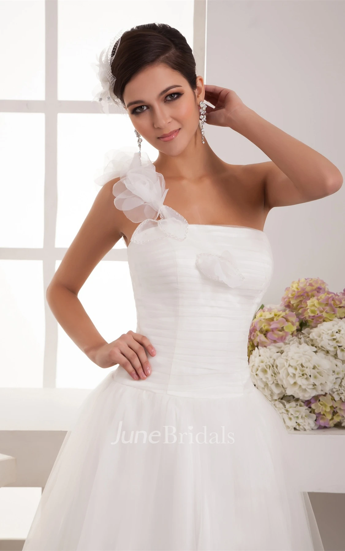 One-Shoulder Tulle A-Line Dress with Ruching and Single Strap
