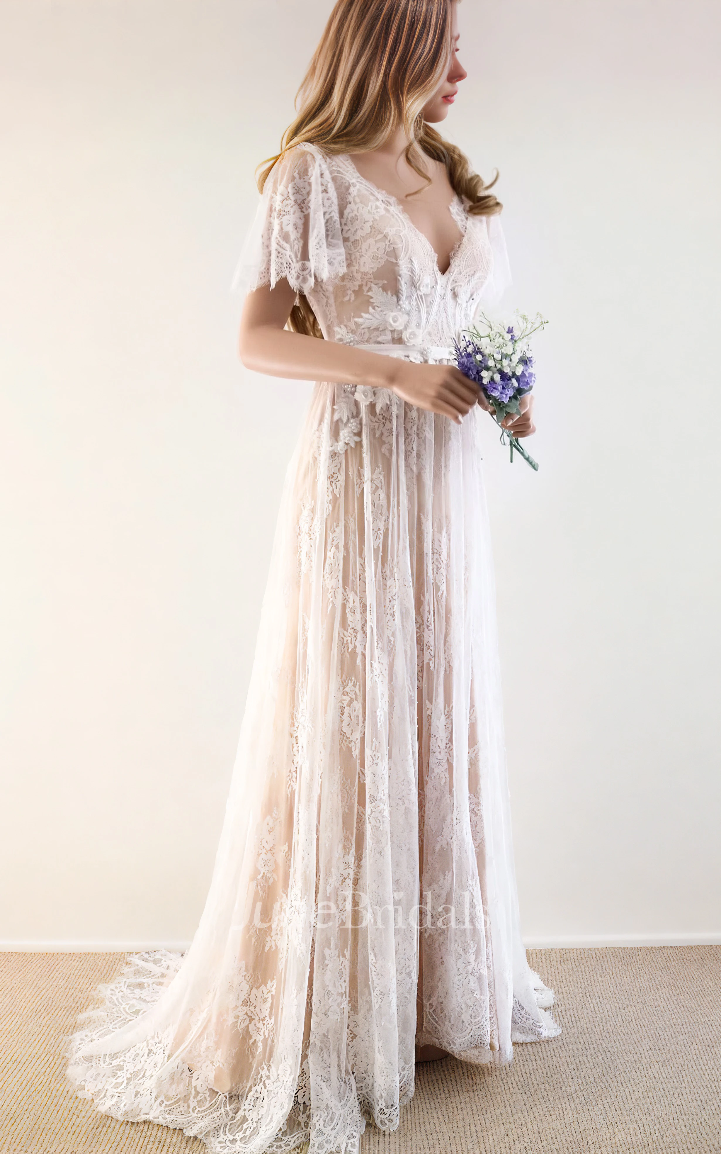 Rustic Boho Lace A-Line Wedding Dress Vintage Petals Flutter Sleeves Bridal Gown for Outdoor Weddings