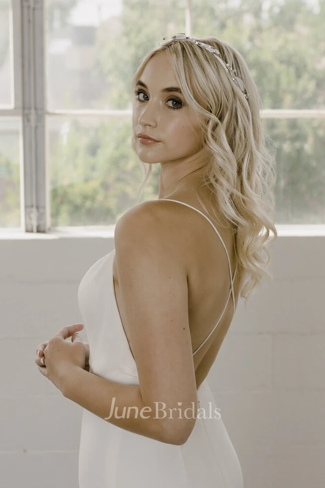 Spaghetti Straps Simple Sheath Wedding Dress In Court Train With Open Back And Straps