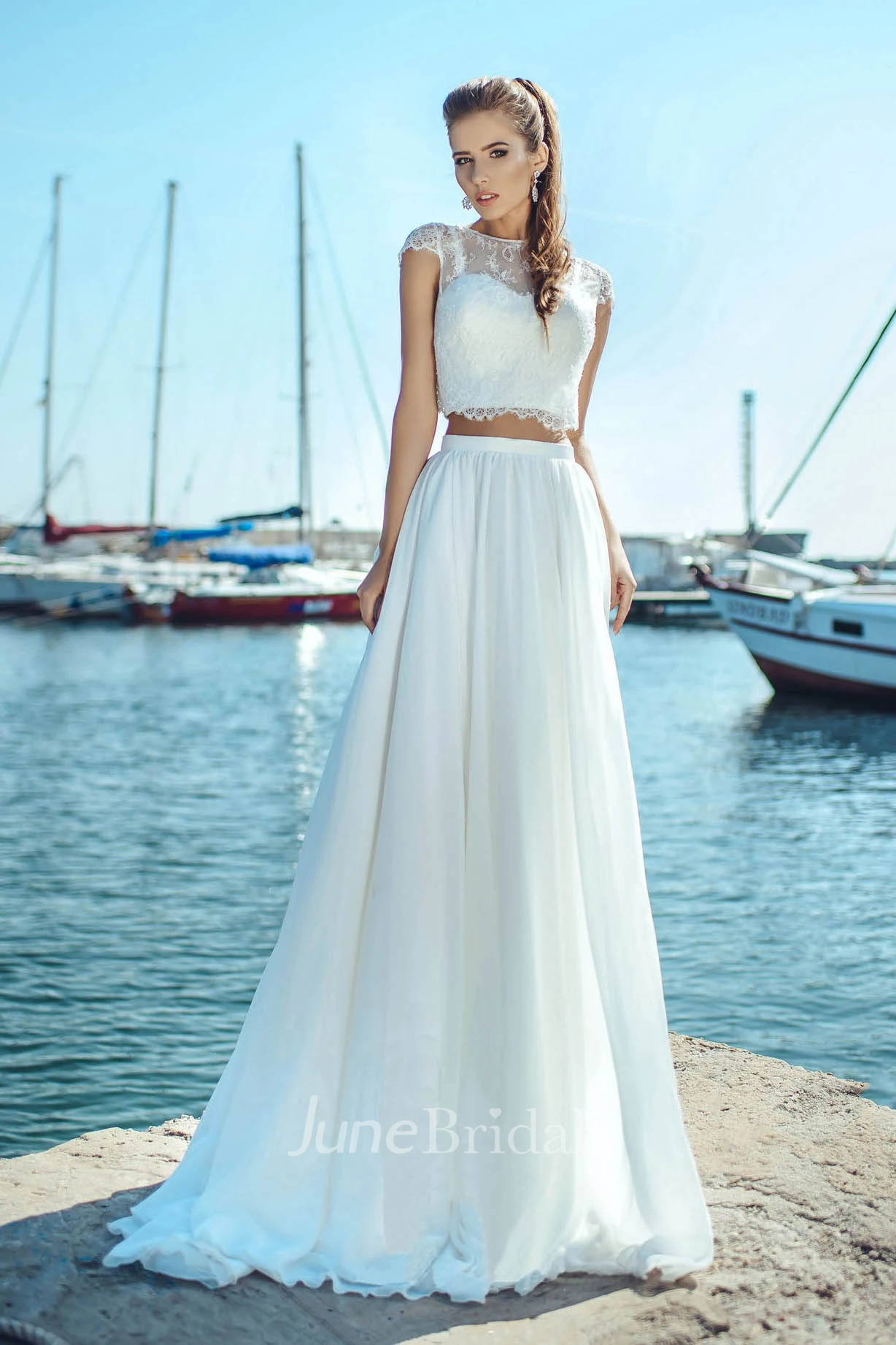 Two-piece Jewel Neck Cap-sleeve Floor Length Pleated Wedding Dress