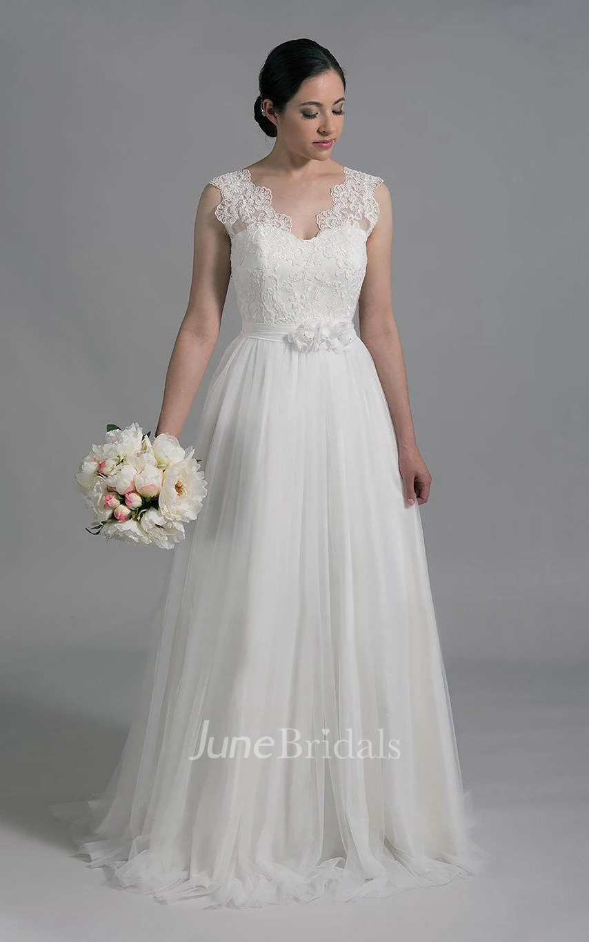 V-Neck Sleeveless Long A-Line Dress With Alencon Lace With Tulle Skirt.
